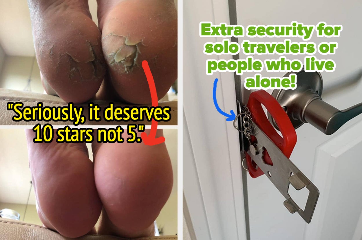 L: reviewer's cracked heels before applying a heel cream and then after with quote on image "seriously, it deserves 10 stars not 5" R: door lock