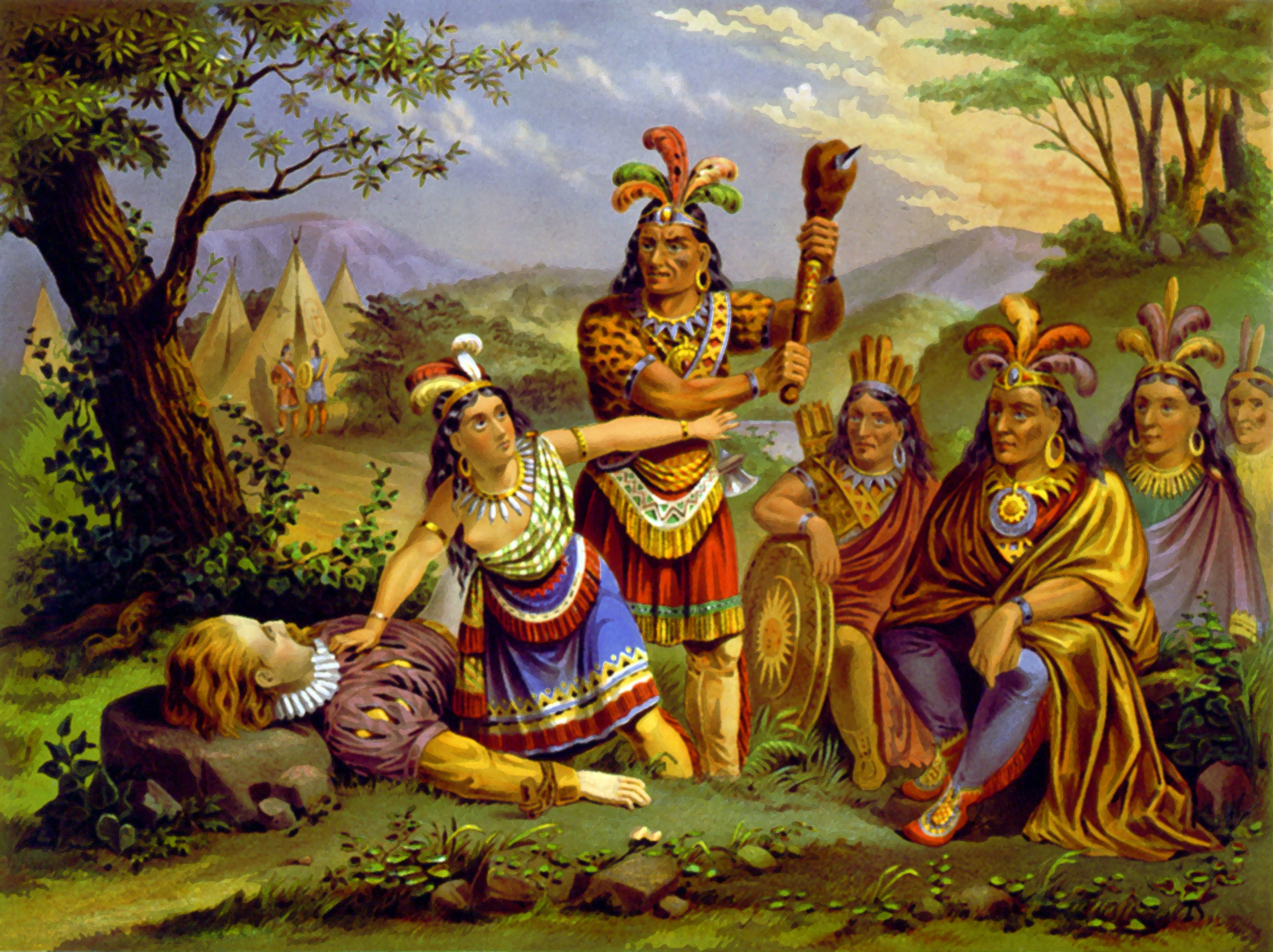 Painting depicting Pocahontas saving the life of John Smith.
