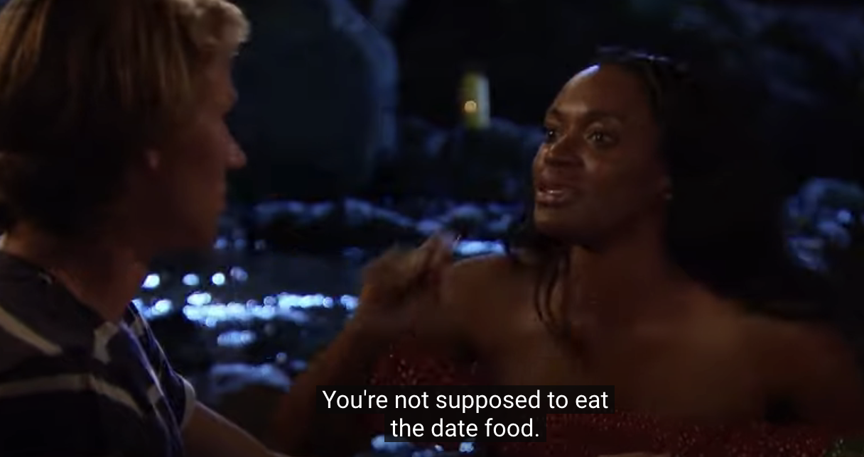 Tahzjuan tells John Paul Jones that they are not supposed to eat the date food on &quot;Bachelor in Paradise&quot;