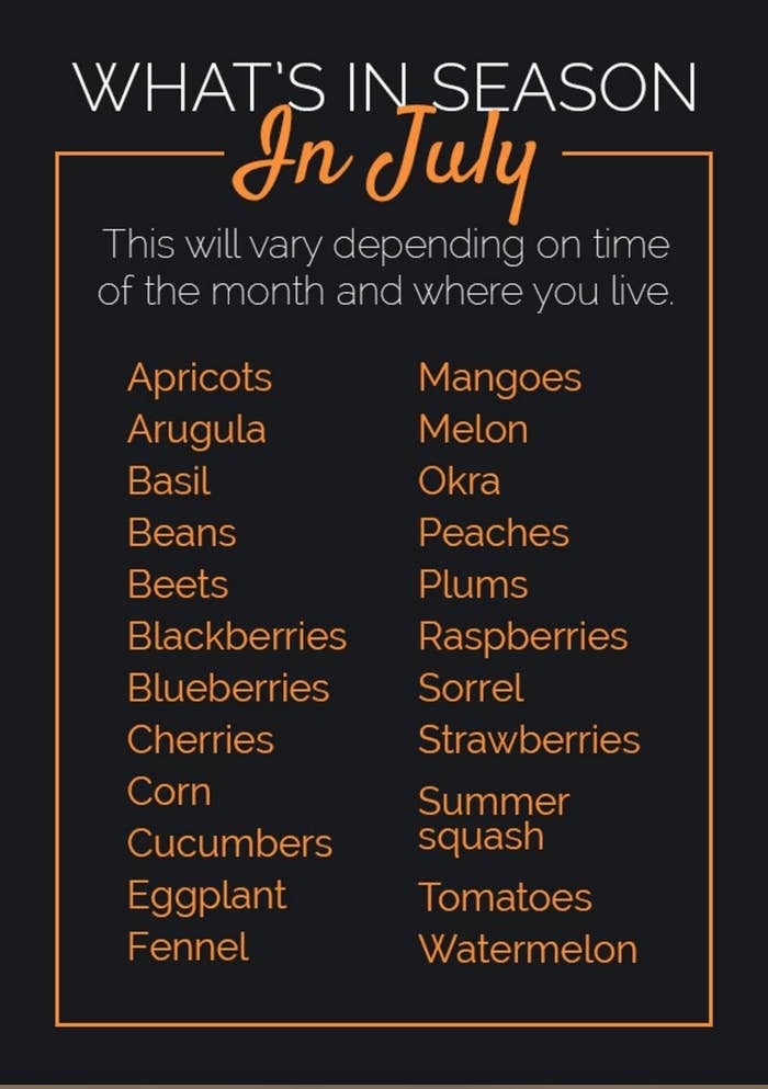What&#x27;s in season in July: apricots, arugula, basil, beans, beets, blackberries, blueberries, cherries, corn, cucumbers, eggplant, fennel, mangoes, melon, okra, peaches, plums, raspberries, sorrel, strawberries, summer squash, tomatoes, watermelon