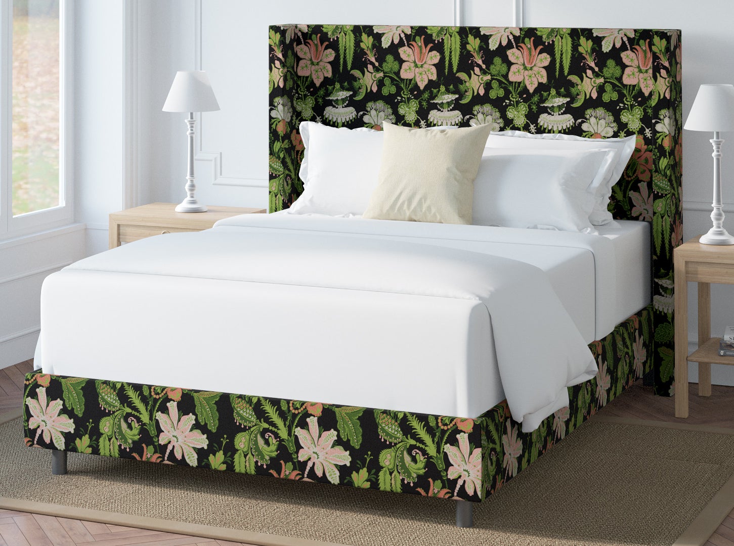 bed frame and headboard upholstered in a black, pink, and green floral pattern