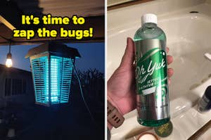 a hanging bug zapper and text that reads "it's time to zap the bugs"; a hand holding a jetted bathtub above a bathtub