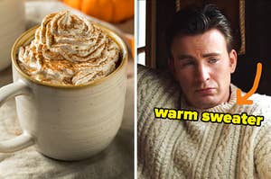 On the left, a pumpkin spice latte, and on the right, Chris Evans as Ransom in Knives Out with an arrow pointing to his infamous sweater and warm sweater typed on top of it