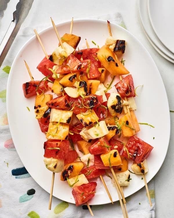 skewers with watermelon, cantaloupe, and halloumi