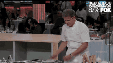 Gordon Ramsay aggressively pointing to trays of food saying no to each