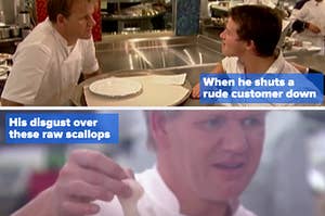 Gordon Ramsay arguing with rude customer, and holding up raw scallop