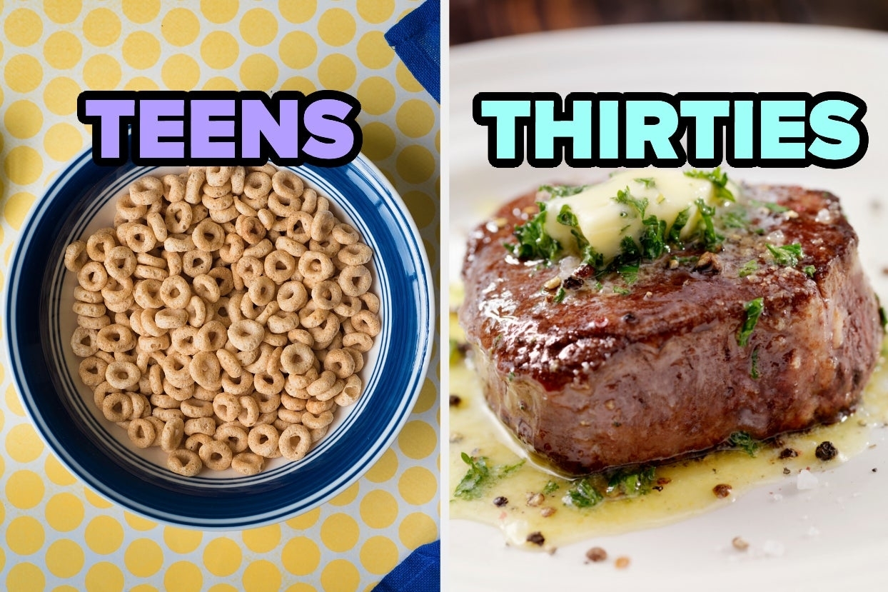 On the left, a bowl of Cheerios labeled Teens, and on the right, a steak topped with herbs and butter labeled thirties