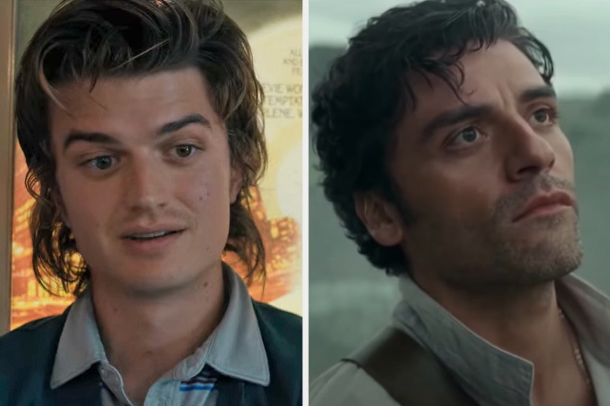 On the left, Steve from Stranger Things, and on the right, Oscar Isaac as Poe in Star Wars