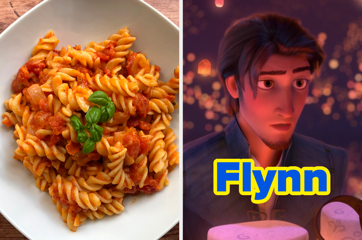 On the left, some rotini with marinara sauce labeled Beast, and on the right Flynn Rider from Tangled