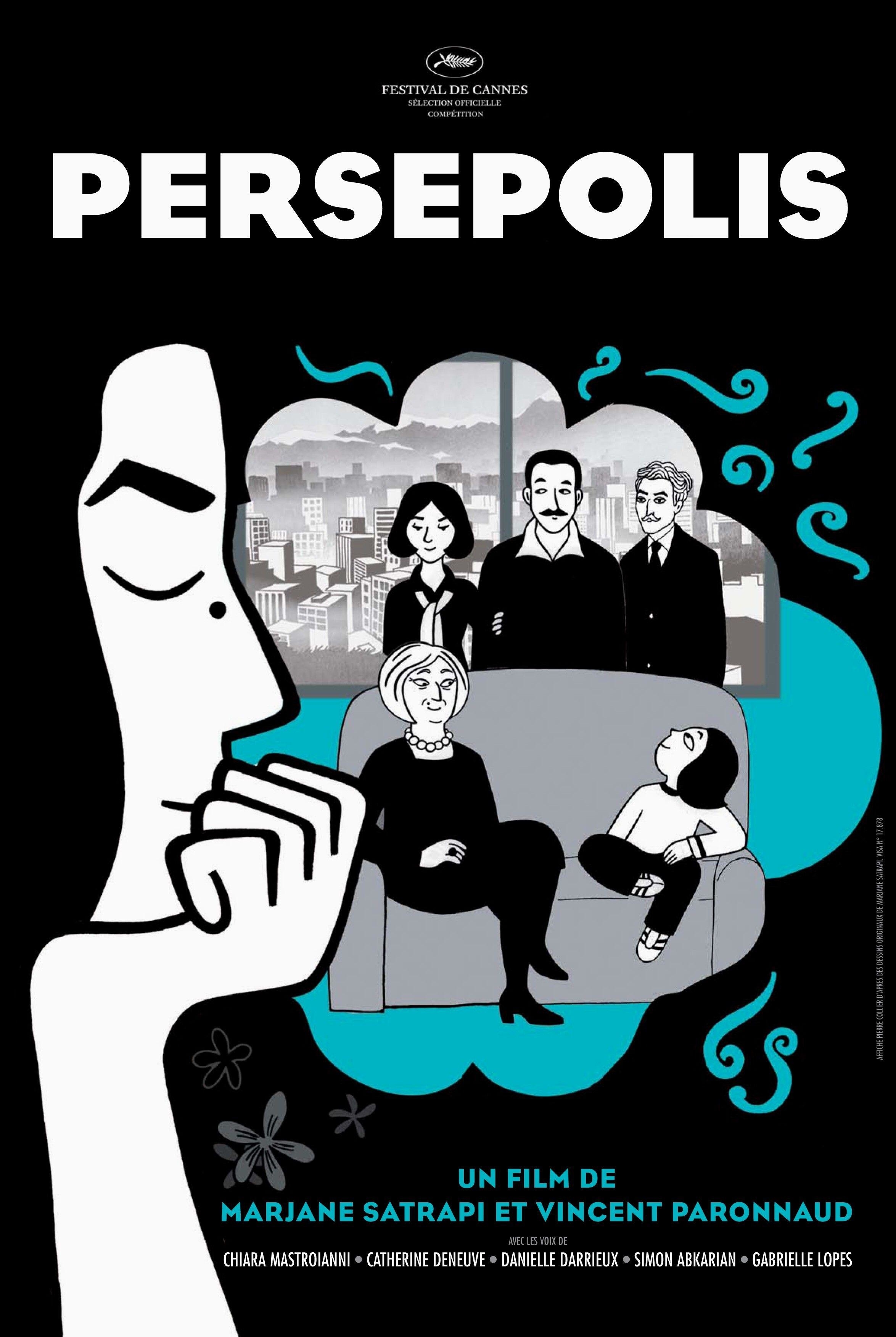 Poster image for the animated film Persepolis, with the main characters face in profile looking at her family sitting within a dream bubble.