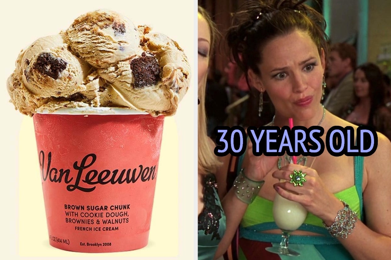 On the left, some Van Leeuwen ice cream, and on the right, Jennifer Garner furrowing her brows as Jenna in 13 Going on 30 labeled 30 years old