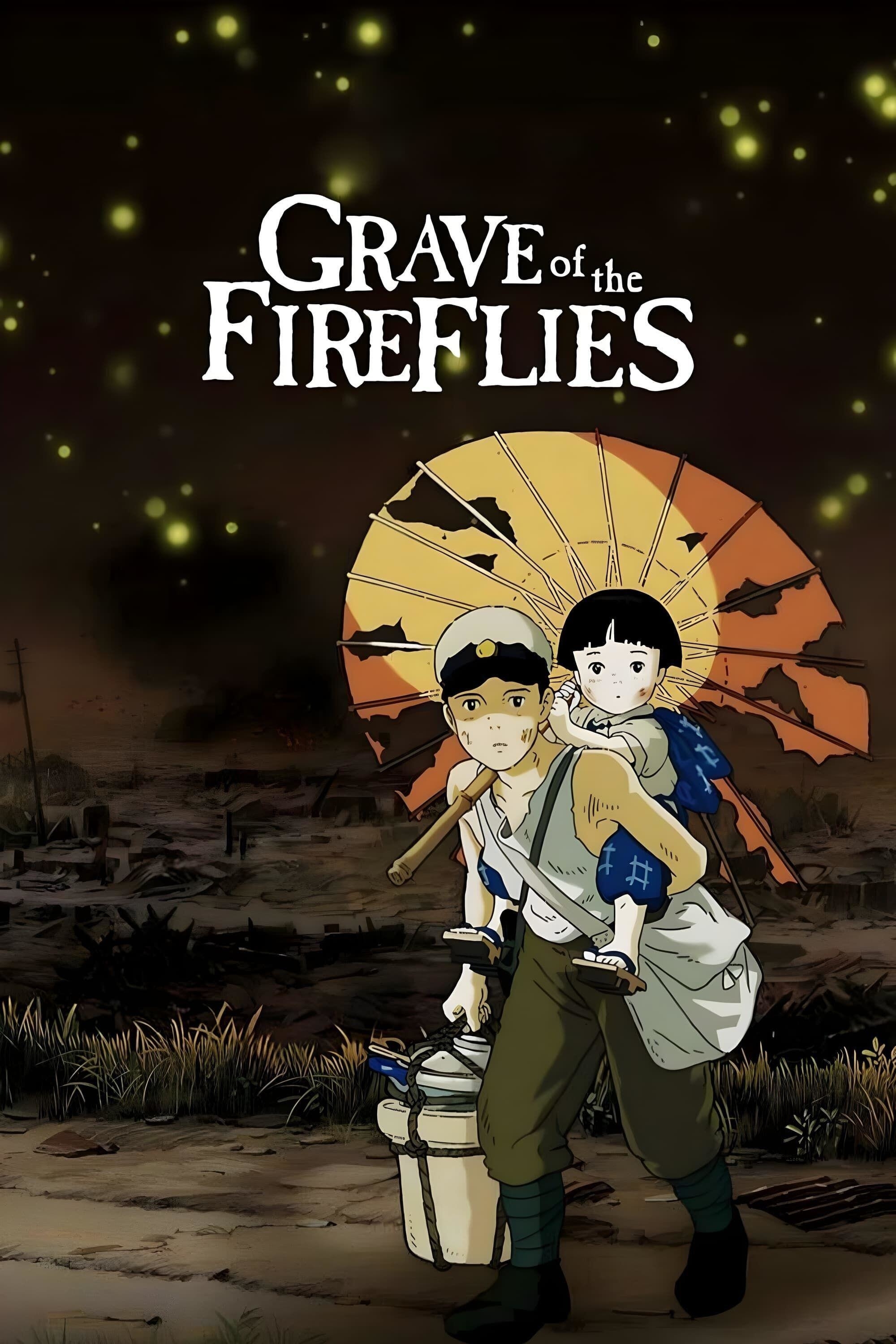 Poster Image for Grave of the Fireflies depicting the two main characters walking a battle scarred place while holding a tattered umbrella, as fireflies fall from the sky.