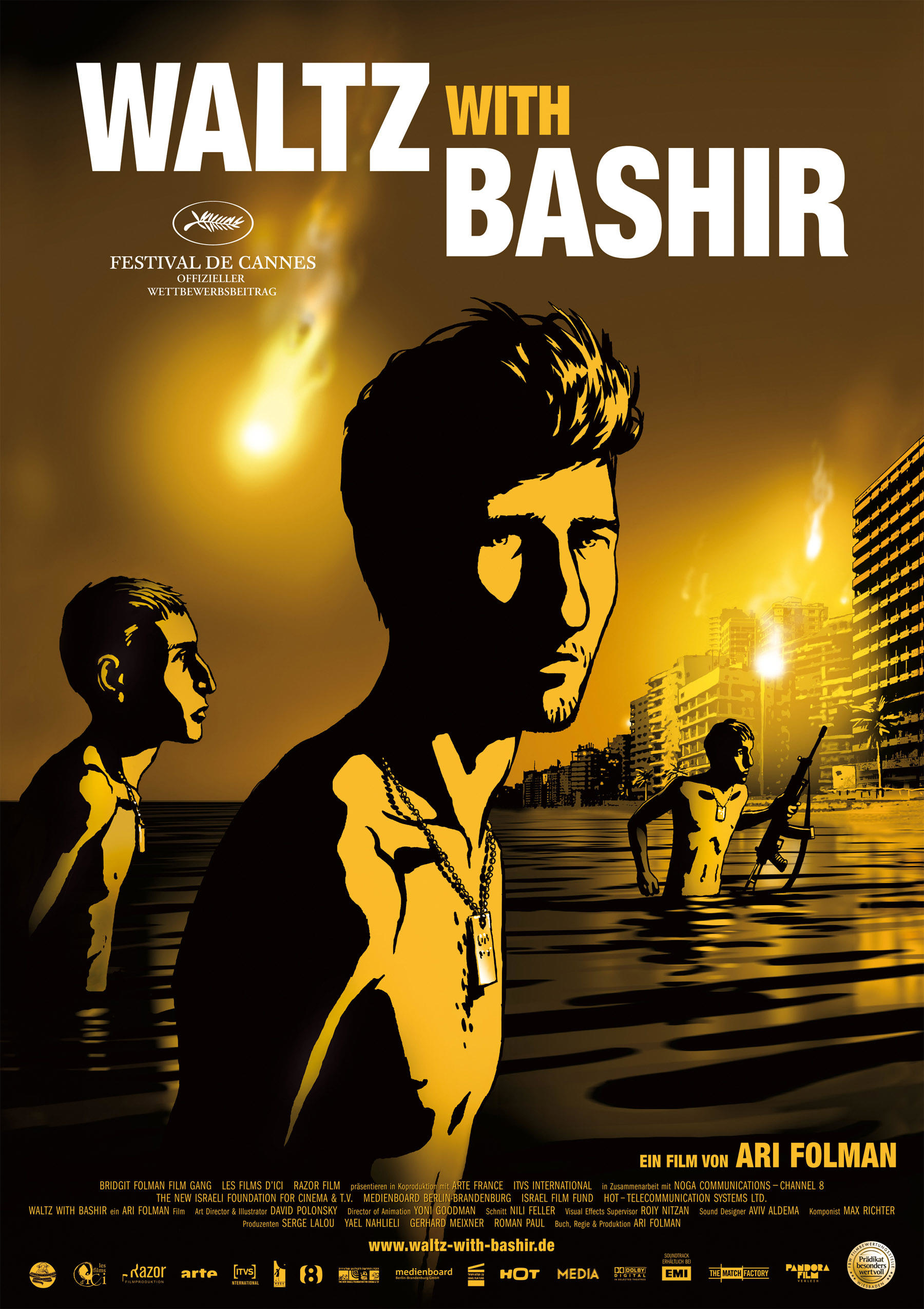 Poster image for the film Waltz with Bashir depicting topless male soldiers walking in the water toward a city on fire.