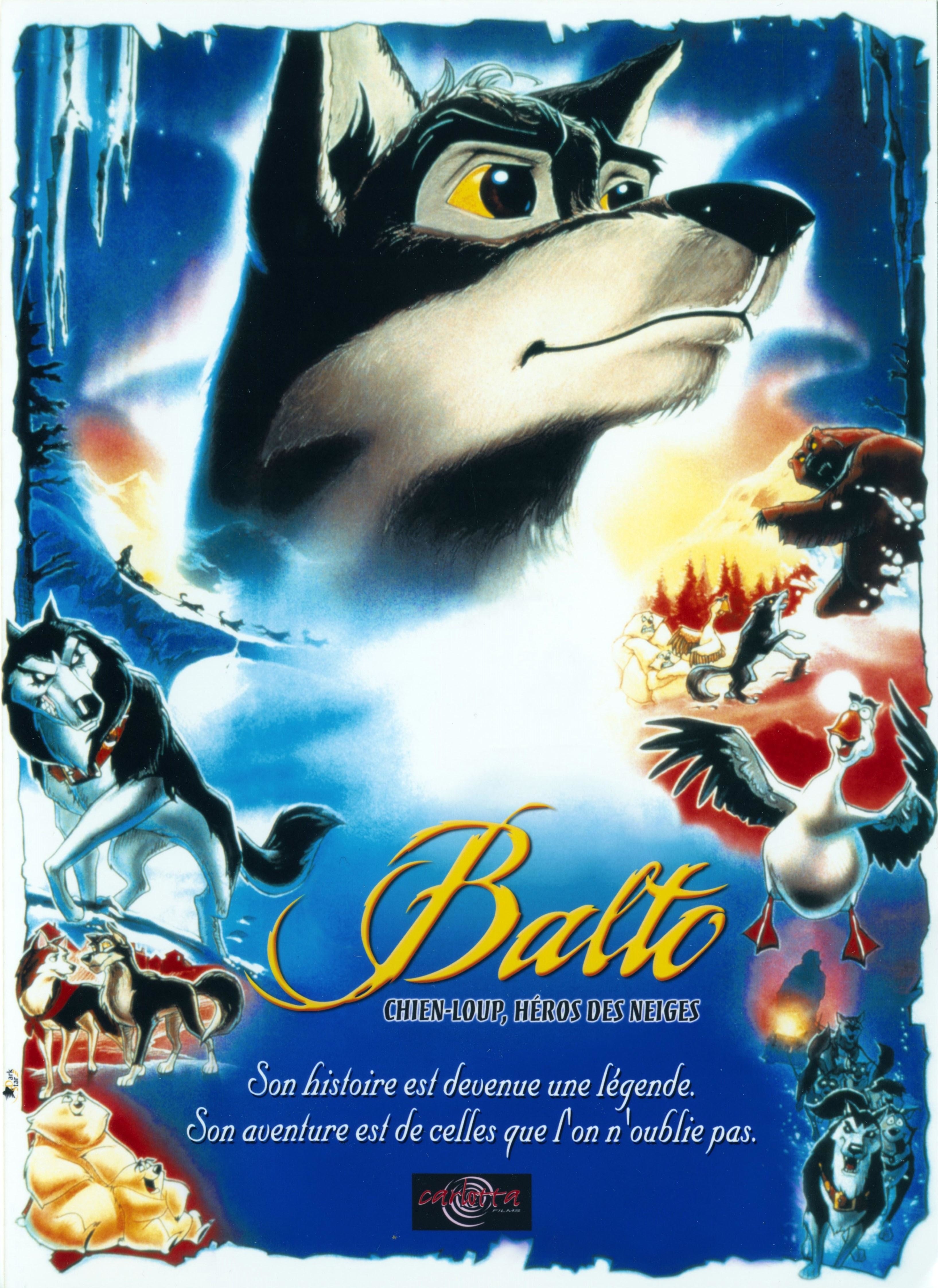 Poster image for the animated film Balto, featuring the face of the dog Balto at the top and several scenes from the film in a collage at the bottom of the poster around the Title.
