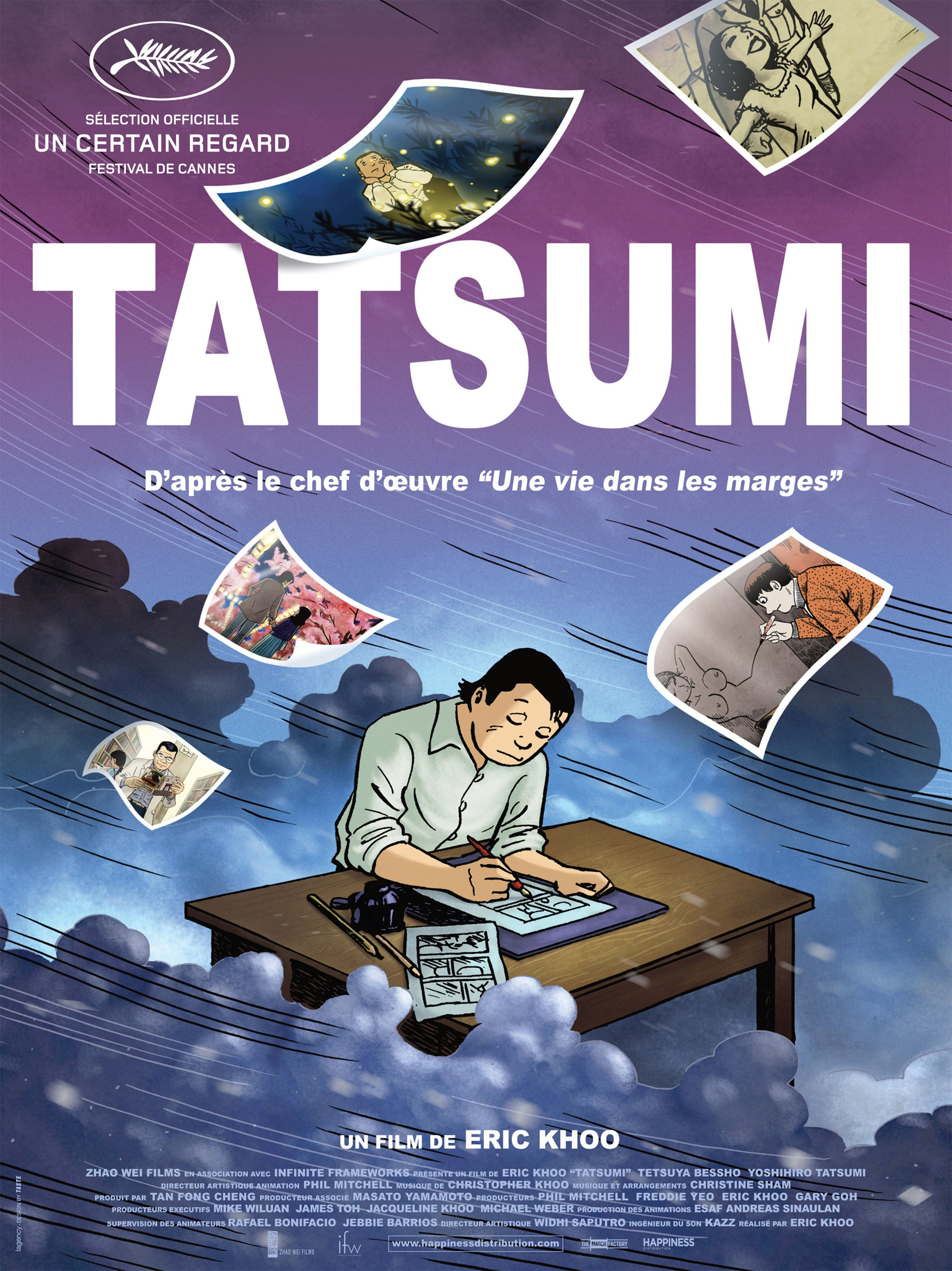 Poster image for the animated film Tatsumi depicting the main character drawing a comic at his desk during a rain storm as pages fly away.