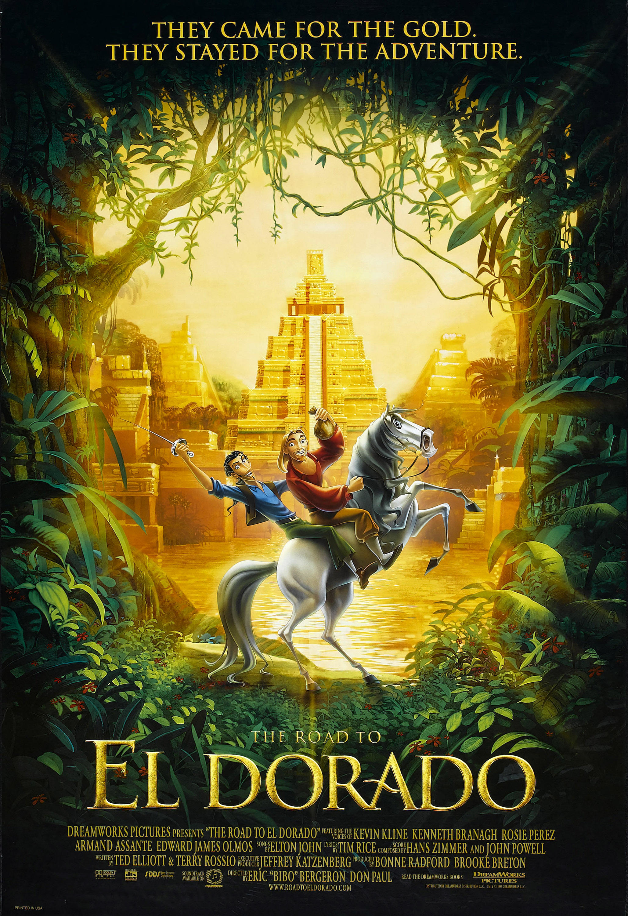 Poster image for the animated film The Road to El Dorado featuring the two main characters on a white horse in front of a city of gold.