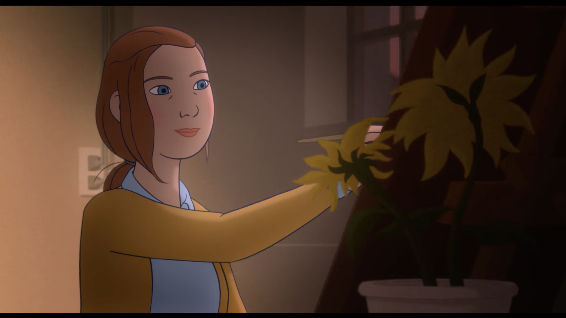 Still from the animated film Charlotte, depicting the main character painting.