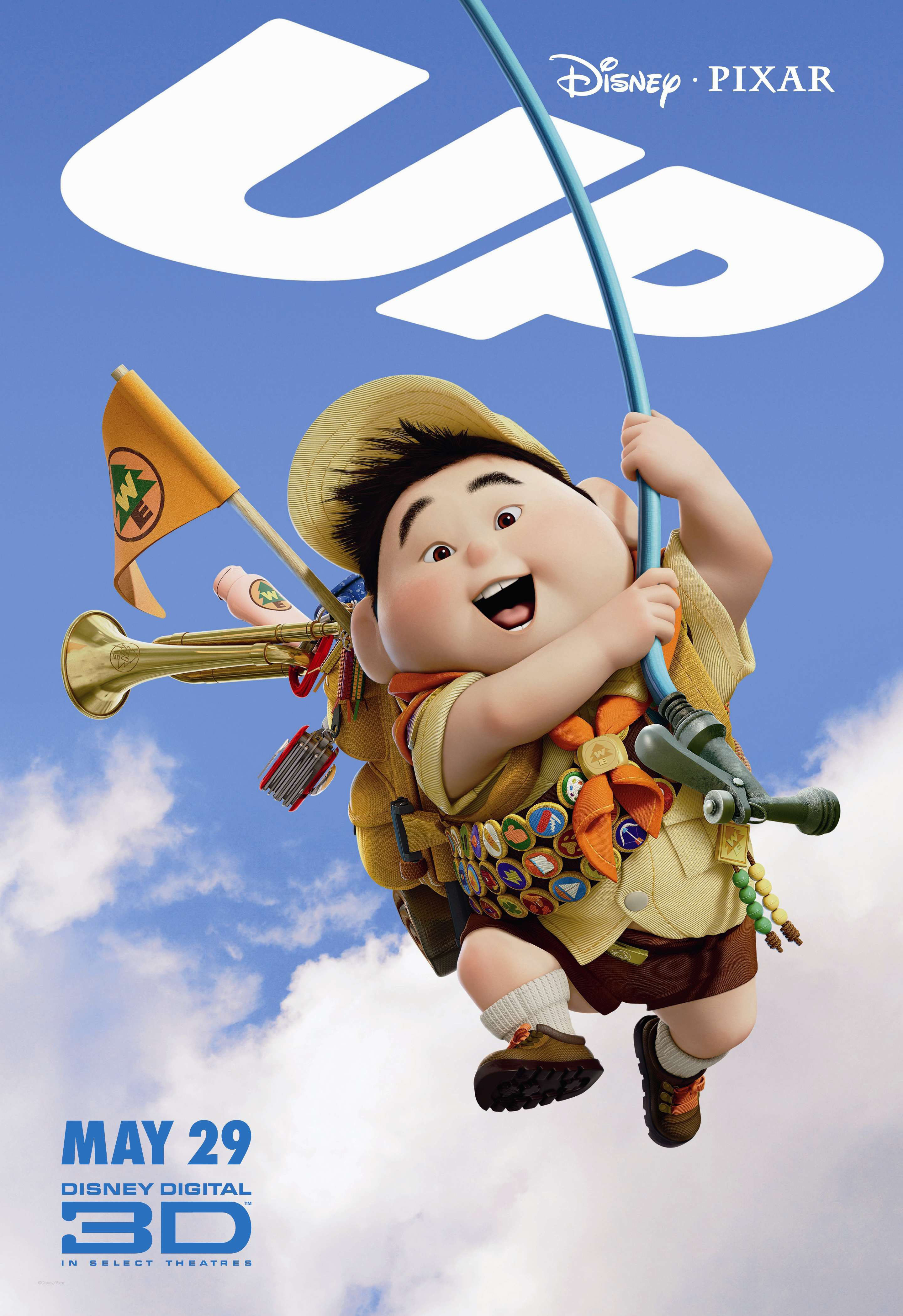 Poster image for the Pixar film Up, featuring a boy hanging onto a garden hose as he flies into the clouds