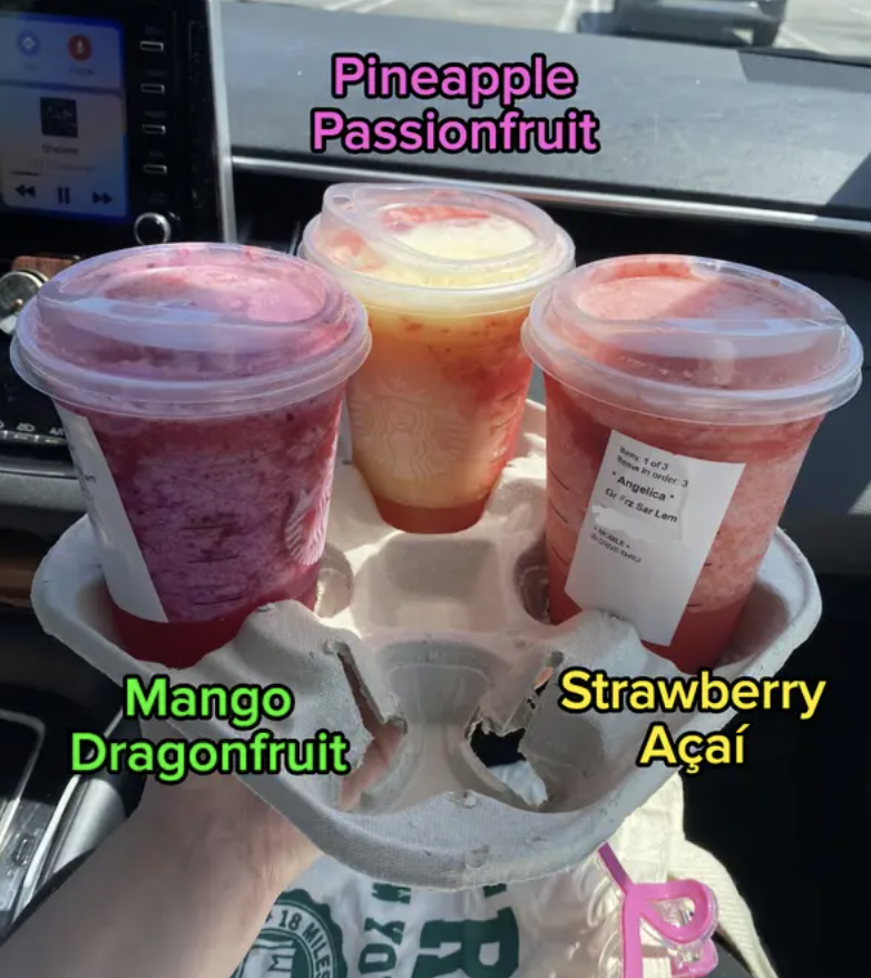 The new Starbucks Refresher drinks being held in a drink carrier