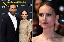 Benjamin Millepied and Natalie Portman pose together on the red carpet vs a close-up of Natalie Portman on the red carpet