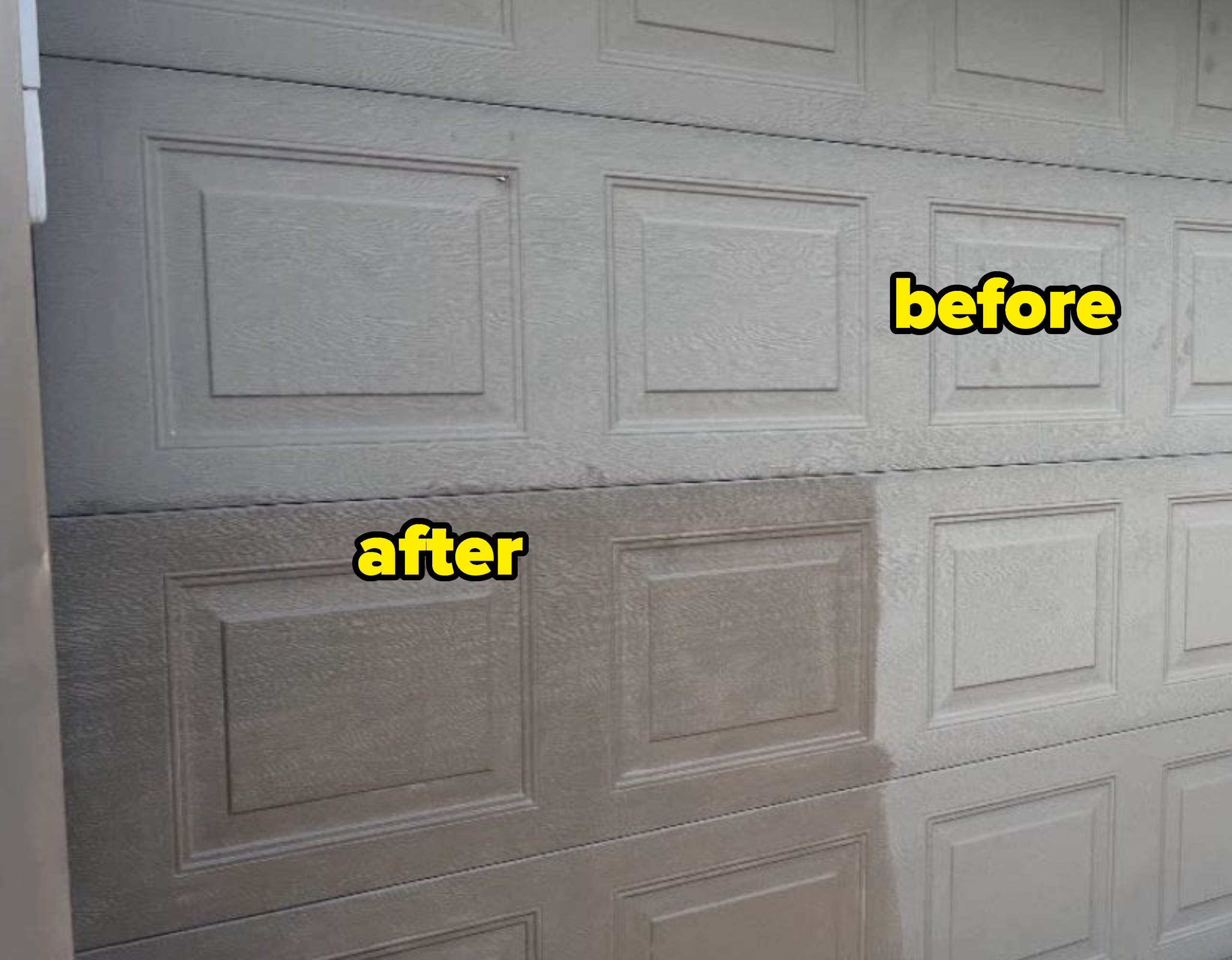 reviewer photo showing their garage door before and after using the wipes