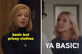 shiv roy wearing a black turtleneck and eleanor from the good place saying ya basic