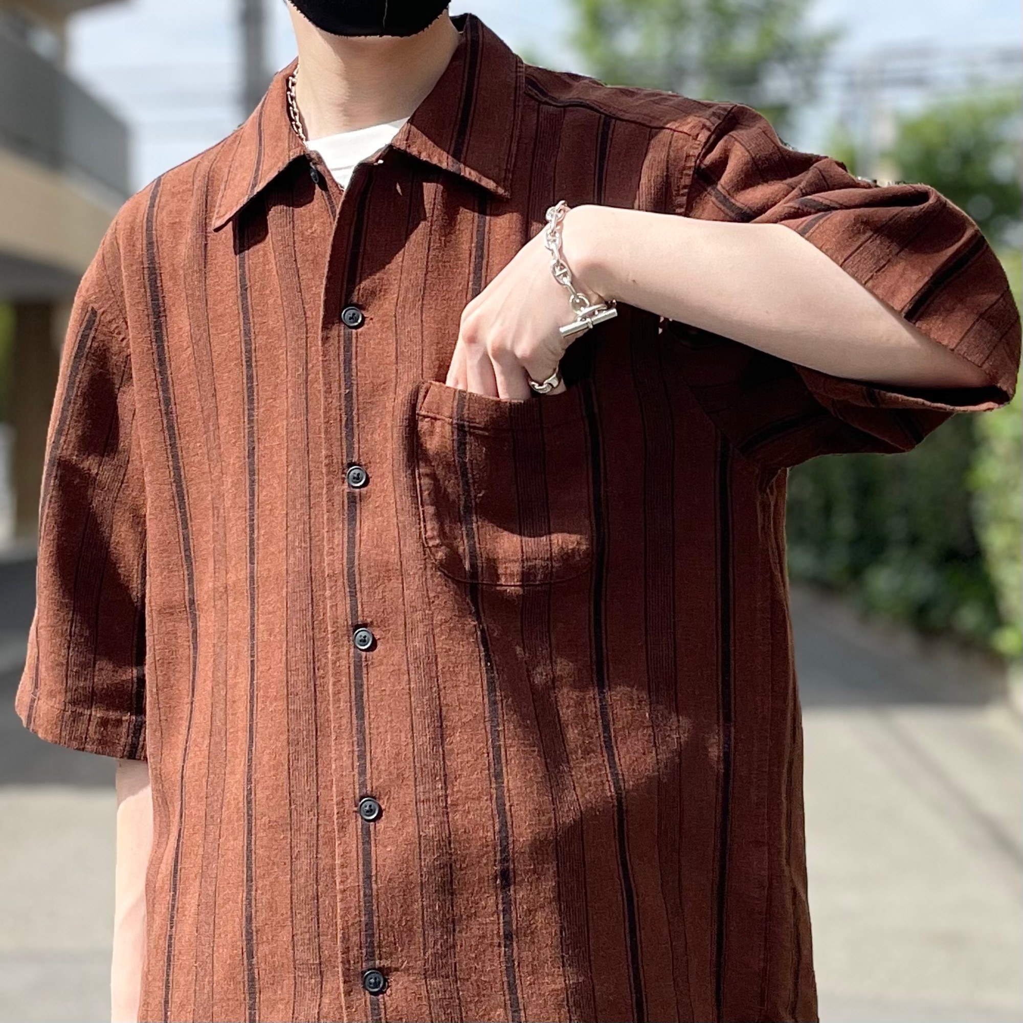 GU(ジーユー)のおすすめのメンズアイテム「リネンブレンドシャツ(5分袖)(ストライプ)」