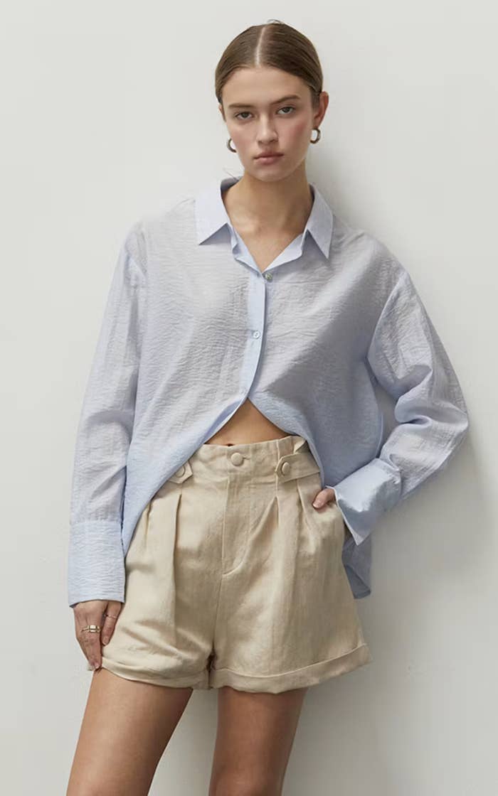 model wearing the shorts in beige
