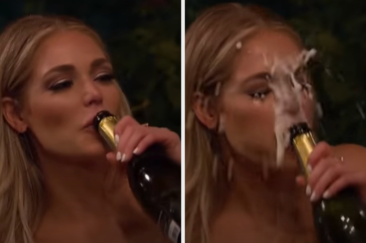 Kelsey from Peter&#x27;s season of &quot;The Bachelor&quot; getting champagne all over her face