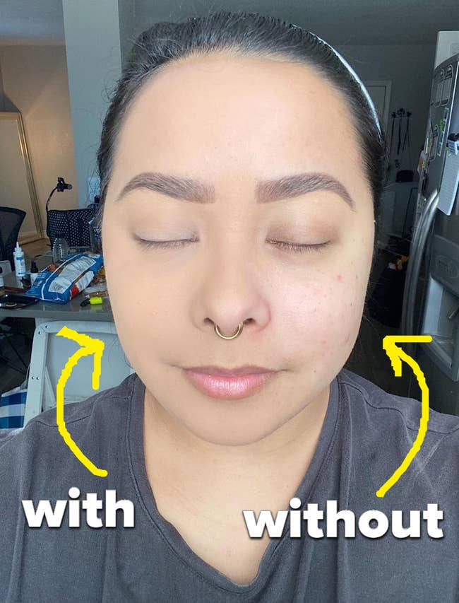reviewer with powder foundation on one side of their face