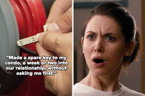 a key being made with the text "Made a spare key to my condo, a week or two into our relationship, without asking me first." and alison brie looking shocked