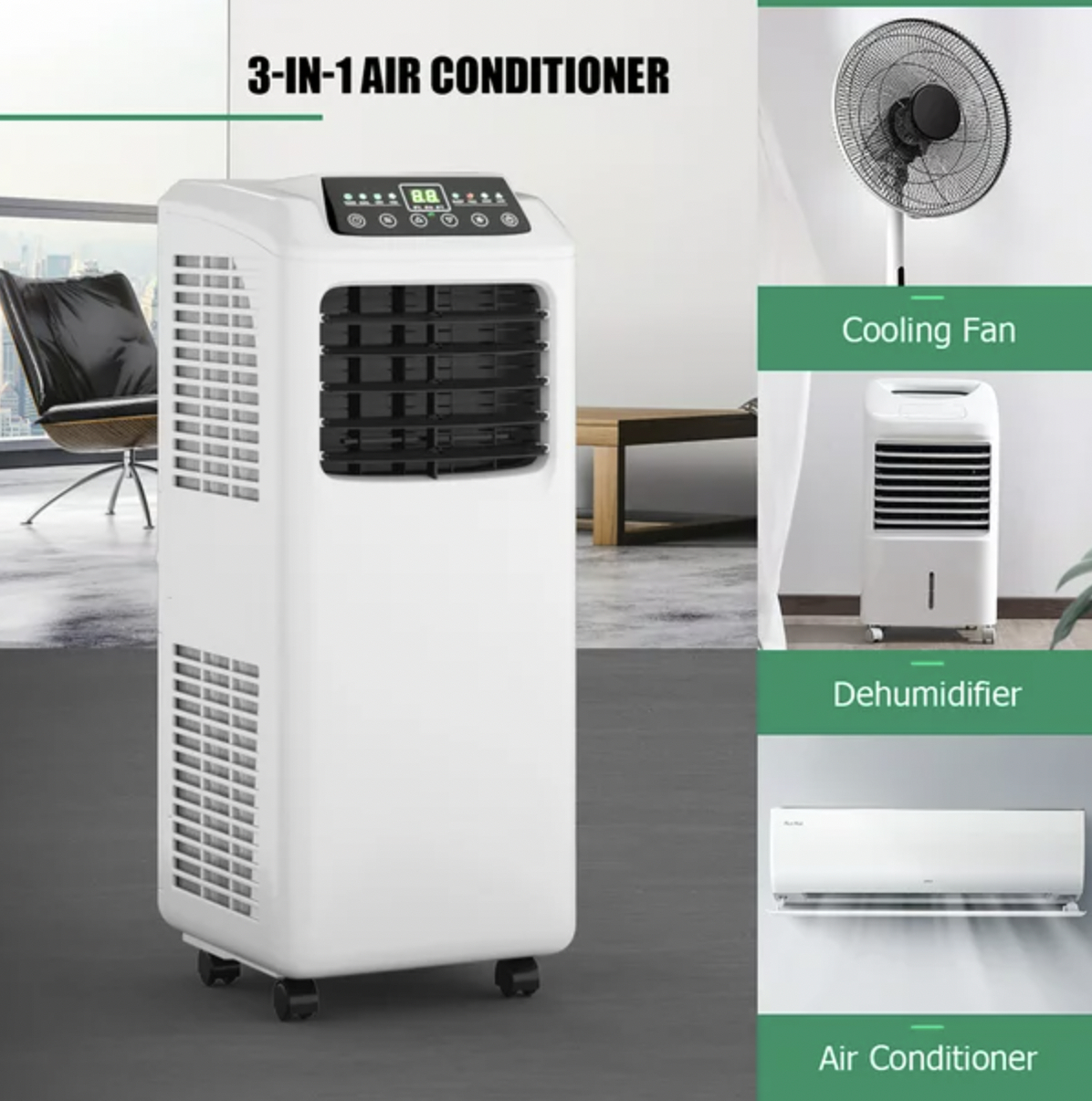the 3-in-1 air conditioner with functions as cooling fan, dehumidifier, and air conditioner