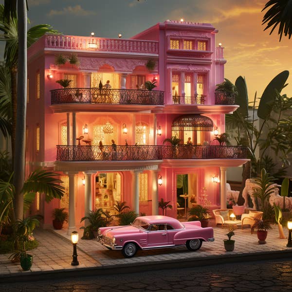 A three-story house with balconies and a pink &#x27;50s-style Cadillac car in the front