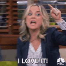Leslie Knope pointing and saying &quot;I love it!&quot;