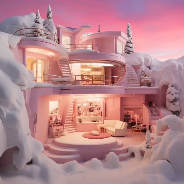 A two-story pink house with a balcony and winding stairs and surrounded by snow