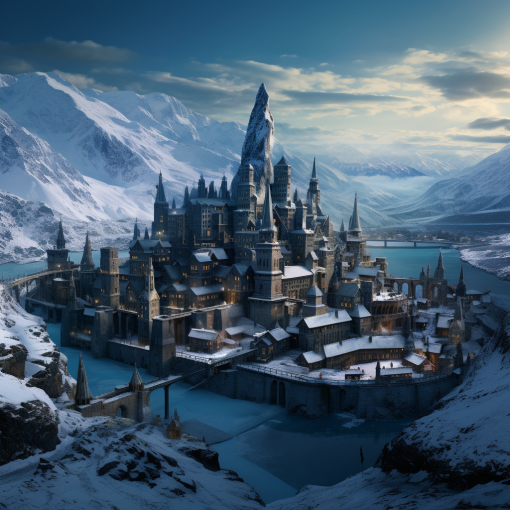 This castle seems to be sitting on an icy pond, and it is surrounded by snow-covered mountains