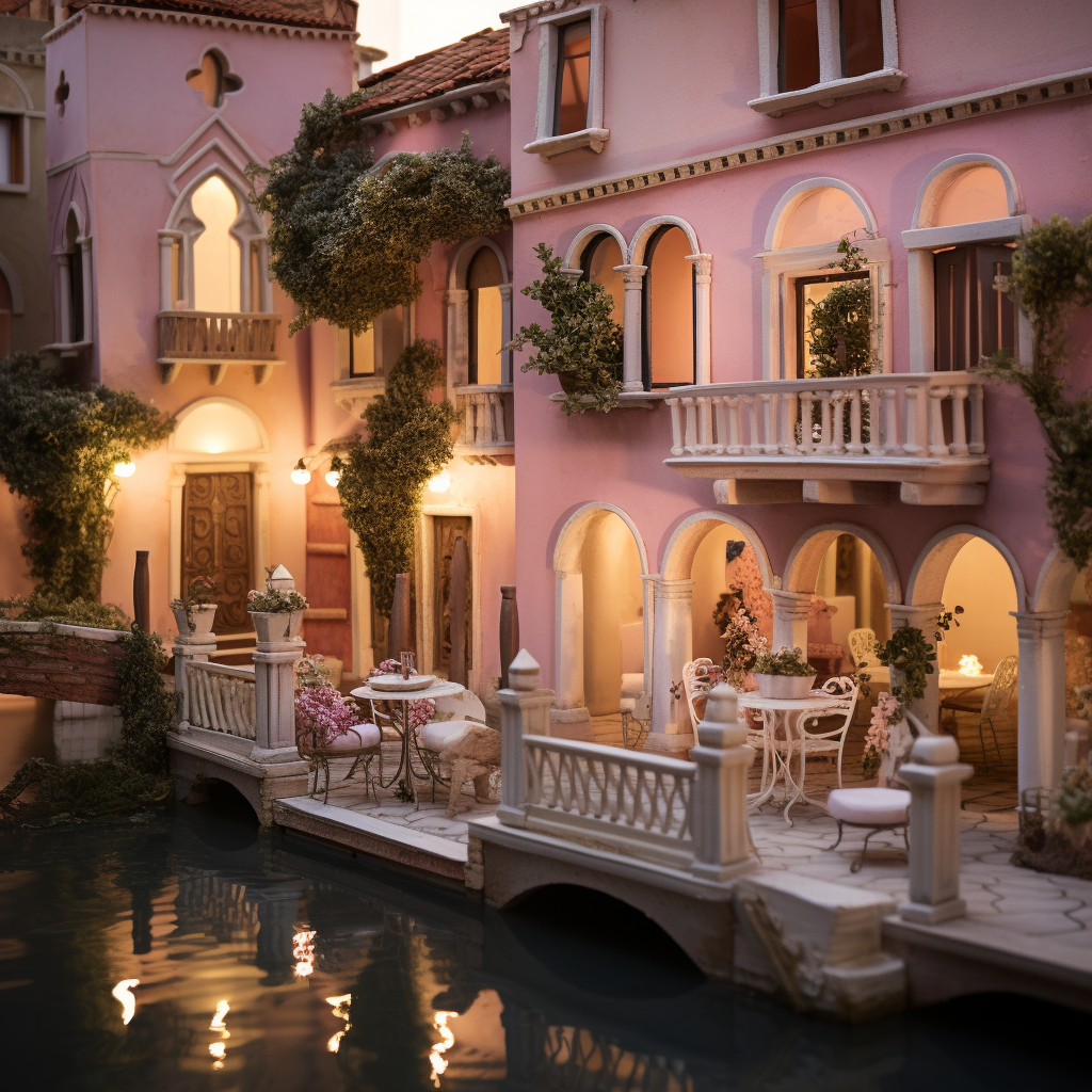 A three-story pink house with balconies and foliage and emerging from a body of water