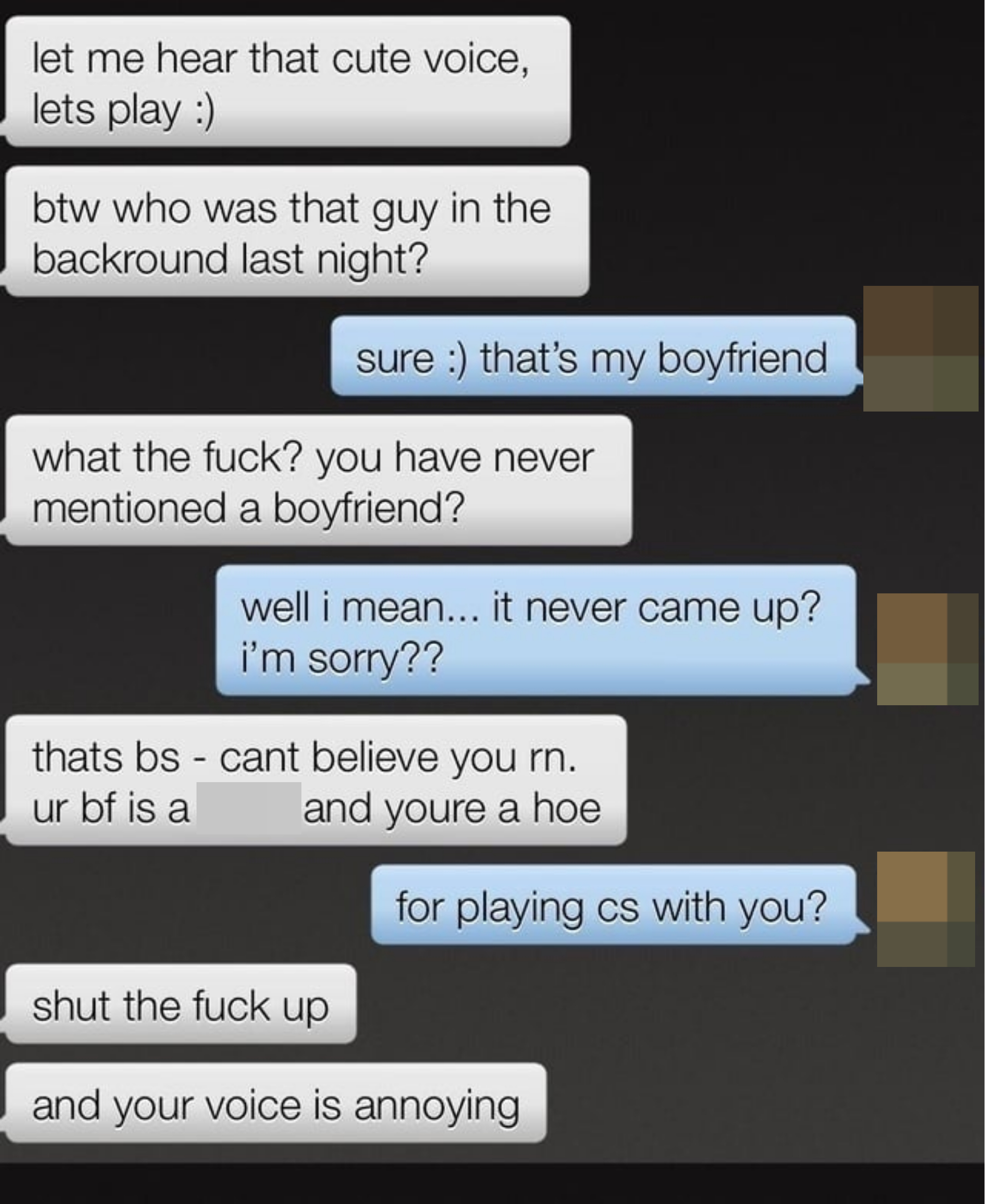 text telling her to shut the fuck up and calling her a hoe after she says she was a boyfriend