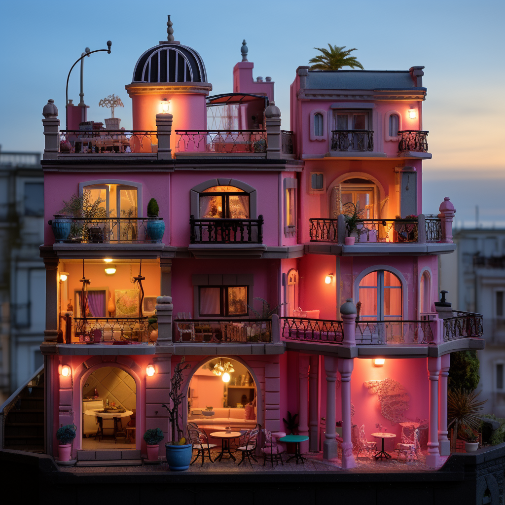 A four-story pink house with balconies and many windows