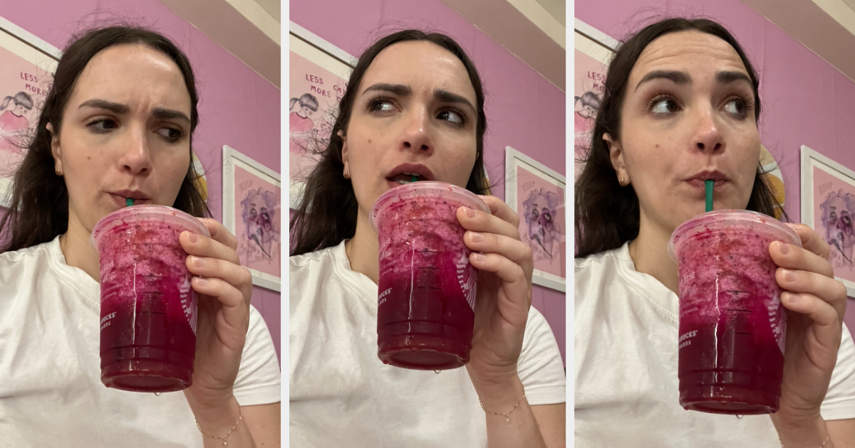 author making faces while drinking