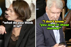 Phoebe Waller Bridge asking Harrison Ford if he knows the answer to an Indiana Jones trivia question