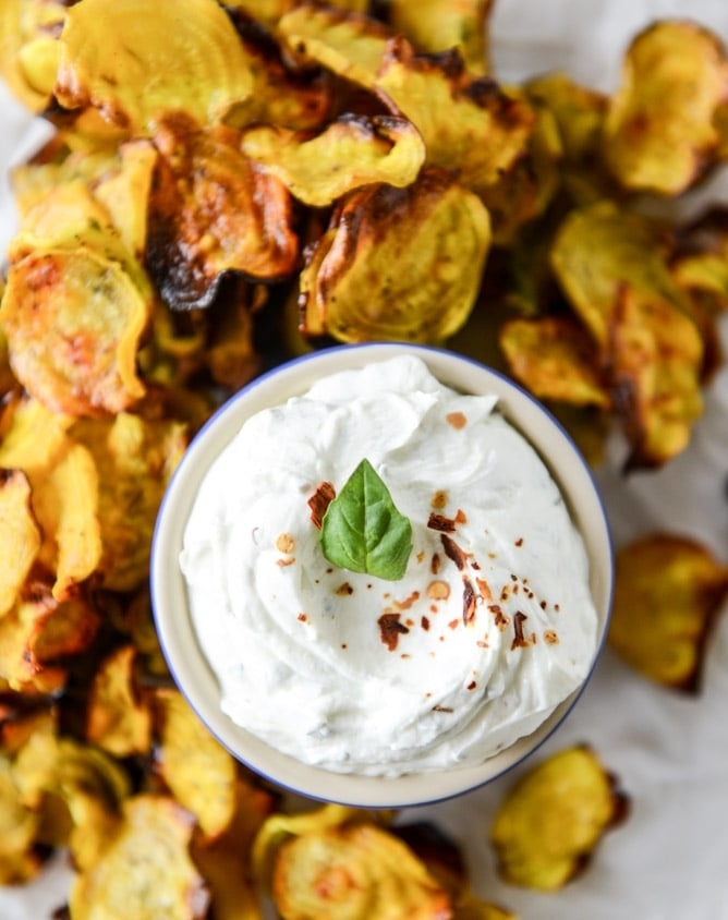 golden beet chips with spicy goat cheese dip