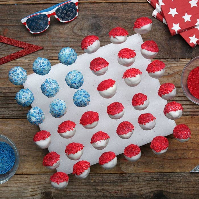 red and blue cake pops displayed like an American flag