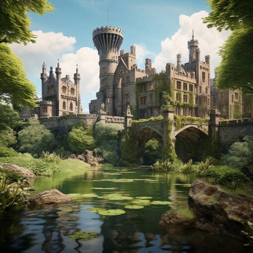The castle is covered in moss, is surrounded by lots of trees and greenery, and has a river running up to it