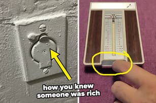 arrow pointing to wall port with text saying 'how you knew someone was rich,' and a circle around someone opening up a box with letters on it