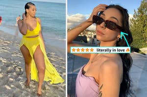 Reviewer wearing yellow crop top and skirt-like cover up on the beach, and reviewer wearing black square retro-style sunglasses with reviewer words "literally in love" with a fire emoji