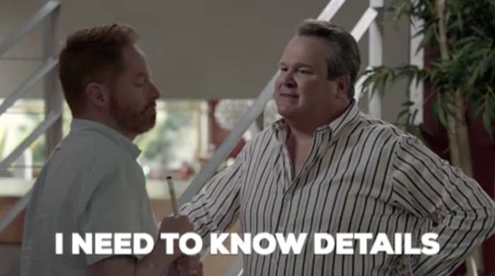Mitchell and Cam from Modern Family with caption &quot;I need to know details&quot;