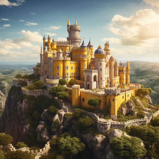 This bright and colorful castle sits on a hill overlooking countless other rolling hills in the distance