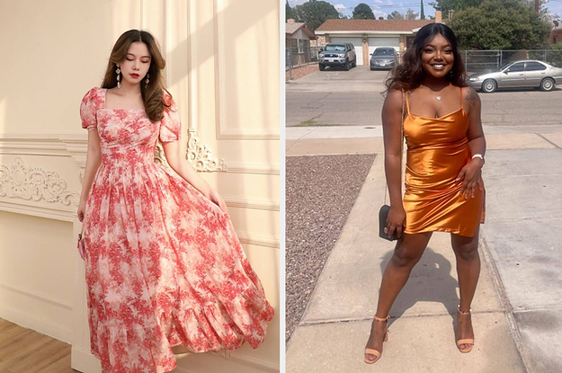 a red floral dress on the left and a reviewer in a satin mini dress on the right