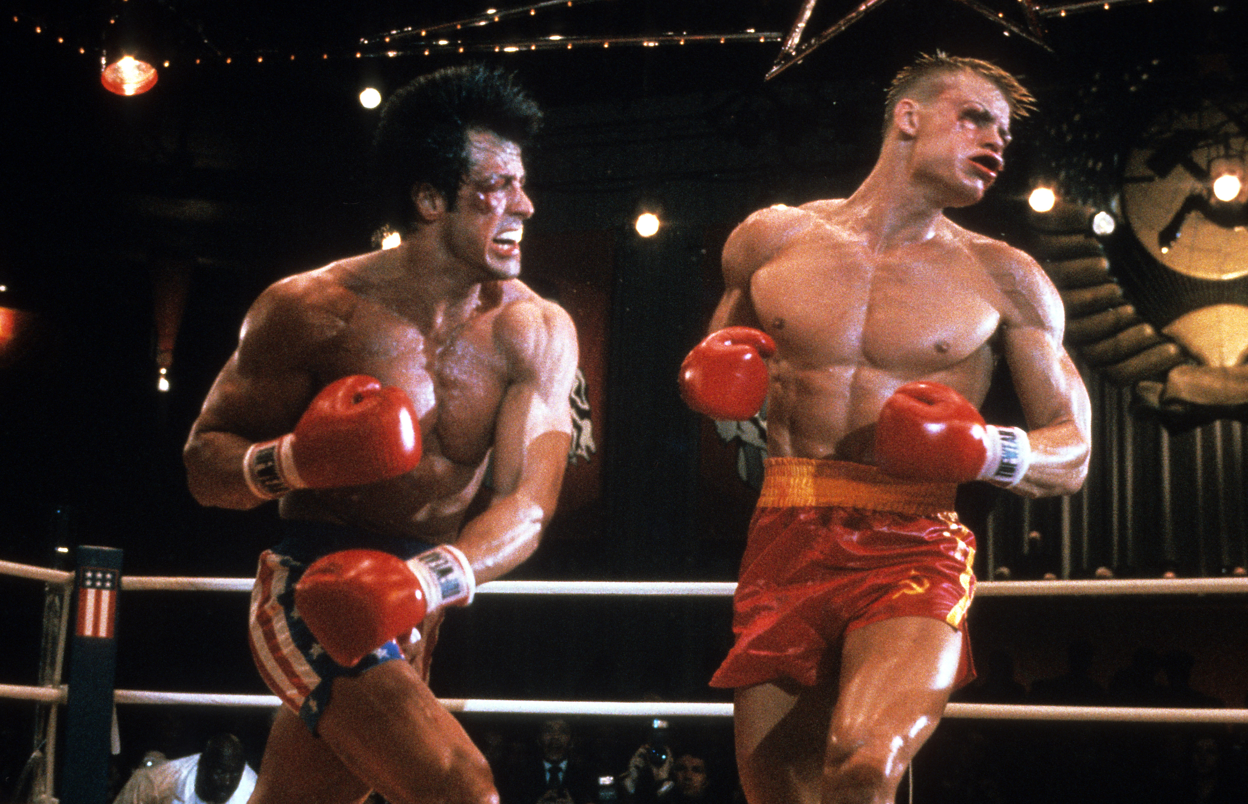 Sylvester Stallone punches Dolph Lundgren in a scene from Rocky IV